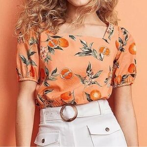 LOFT Tangerine Floral Puff Sleeve Blouse
